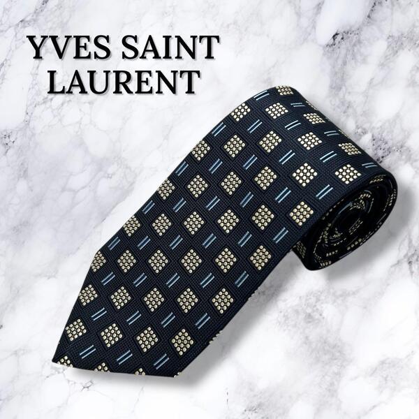 【新品・送料無料】イヴサンローラン ネクタイ ネイビー シルク 総柄 格子柄 YVES SAINT LAURENT レギュラータイ