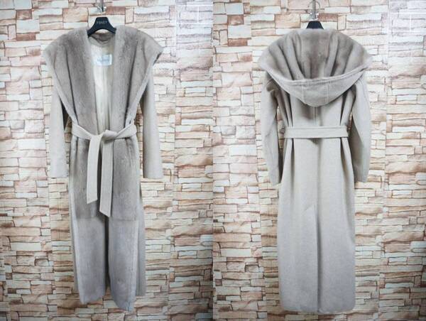 マックスマーラ MaxMara の カシミア100% 素材 サファイア ミンク 毛皮 リアルト RIALTO フード付き ベルテッド コート です。”11873