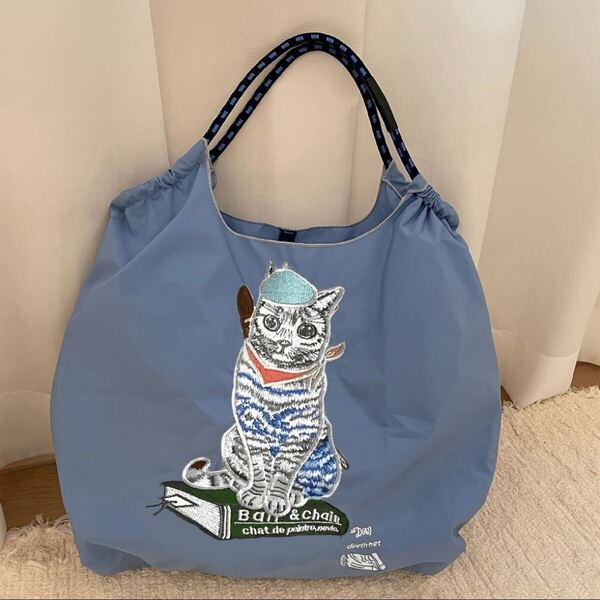 画家風の猫ちゃん刺繍がかわいいバッグ エコバッグ 大容量 軽量