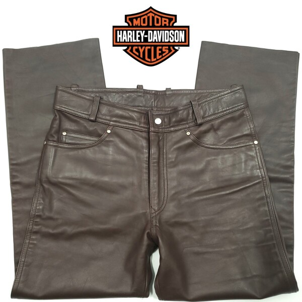 大きいサイズW34◆HARLEY-DAVIDSON◆肉厚レザーパンツこげ茶メンズ本革ハーレーダビッドソン本皮ライディング牛革パンツライダース 1051