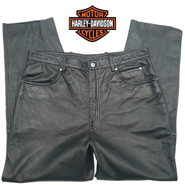 希少ビッグサイズW36◆HARLEY-DAVIDSON◆レザーパンツ黒メンズ本皮ハーレーダビッドソンライディング本革パンツライダースパンクロック1048