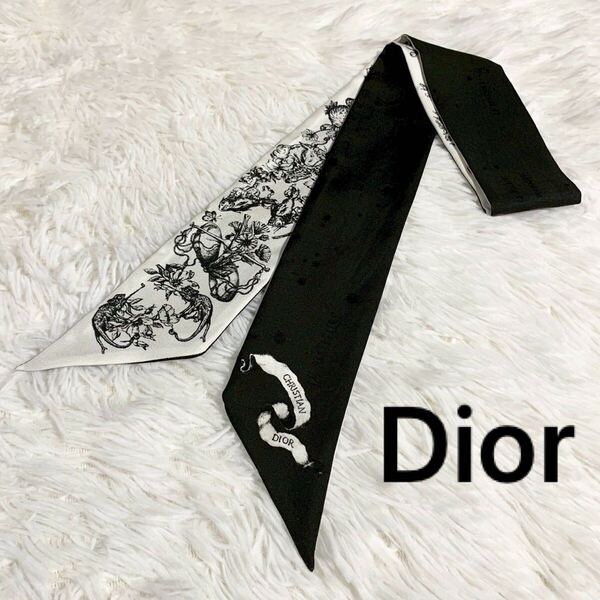 Christian Dior ミッツァ リボンスカーフ シルク100 ツイリー クリスチャンディオール ロゴ 動物 植物 自然 アクセサリー 小物