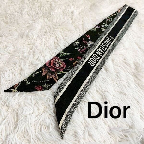Christian Dior ミッツァ D-FLORAL フローラル クリスチャンディオール リボンスカーフ シルク100 花柄 ブラック