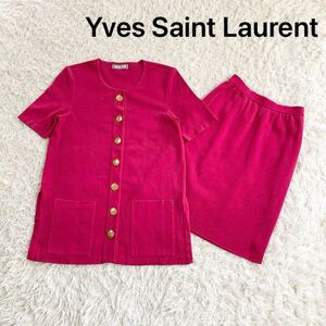 Yves Saint Laurent 金ボタン スカートスーツ セットアップ 上下 ジャケット スカート ピンク レトロ