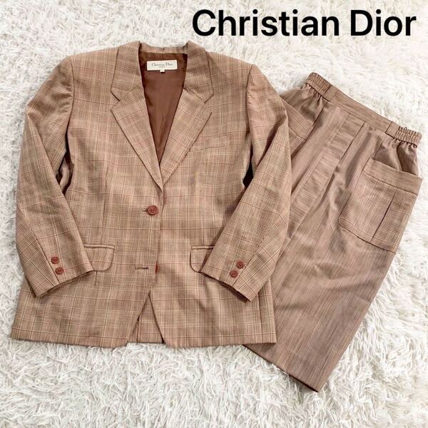 Christian Dior スカートセットアップ スーツ ウール 上下 チェック柄 レッド系 クリスチャンディオール テーラードジャケット ウール100%