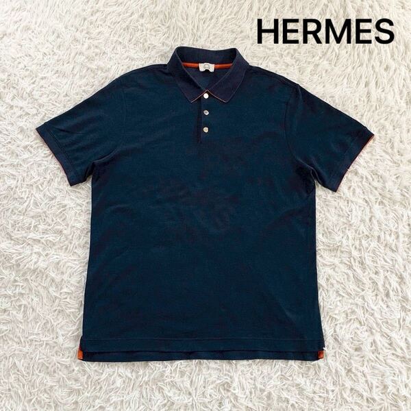 XLサイズ HERMES SELLIER エルメス セリエ 半袖ポロシャツ ネイビー オレンジ クールビズ スポーツ ゴルフ セリエボタン