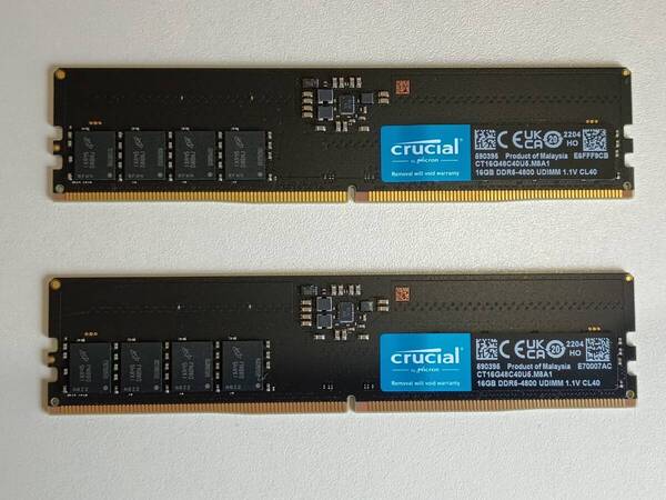 【送料無料】Crucial CT16G48C40U5 DDR5-4800 PC5-38400 16GB x2枚セット(合計32GB) 動作確認済み中古 ジャンク扱い