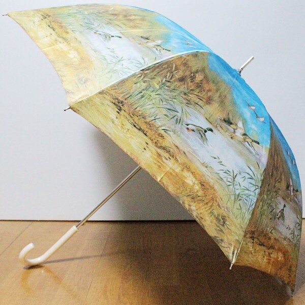 新品 湖畔の鴨プリント 絵画柄 長傘 雨傘 K5092