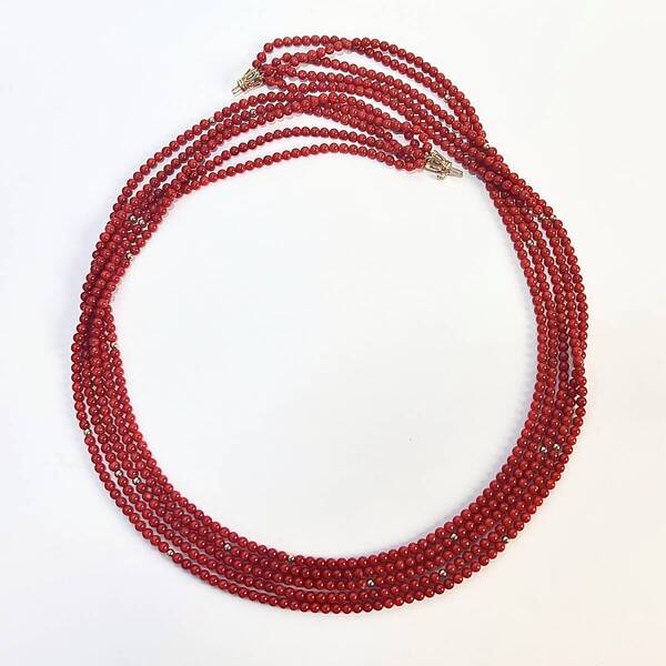 K14 天然 珊瑚 サンゴ 5連 ネックレス 65cm 3.9mm 66g 血赤 鑑別書 レディース アクセサリー