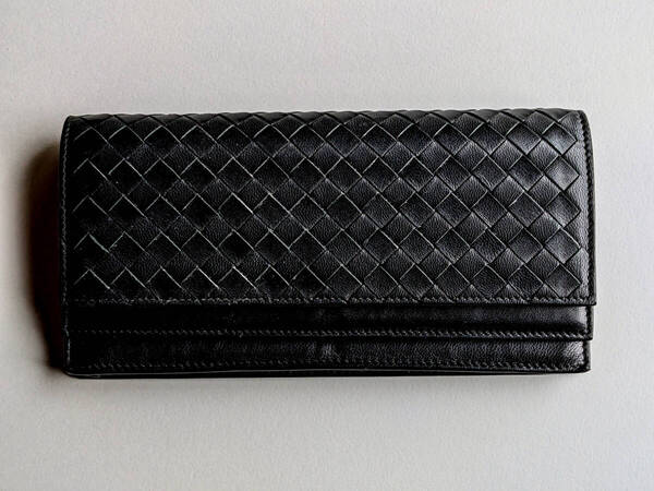BOTTEGA VENETA/ボッテガヴェネタ◇イントレチャート/ロングウォレット/長財布/ブラック/黒/レザー/ダブルホック/ダブルフラップ