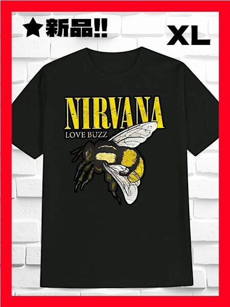 ★新品!◆送料無料!◆大き目XL相当*◆NIRVANA/ニルヴァーナ★人気ロゴ(蜂,bee)*プリント*半袖Tシャツ*黒*音楽,バンド,ロック