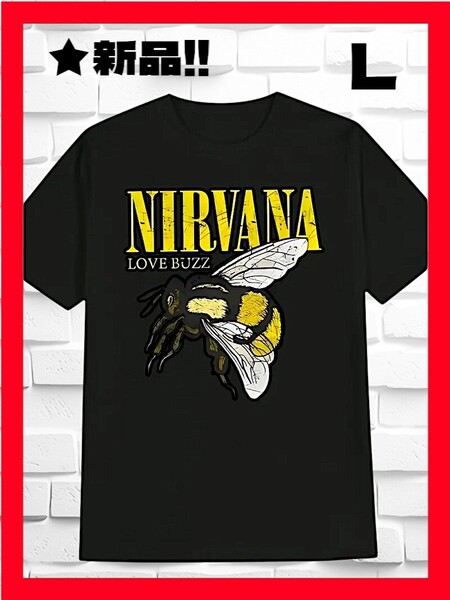 ★新品!◆送料無料!◆NIRVANA/ニルヴァーナ★人気ロゴ(蜂,bee)*プリント*半袖Tシャツ*Lサイズ相当*黒*音楽,バンド,ロック,キャンプ,