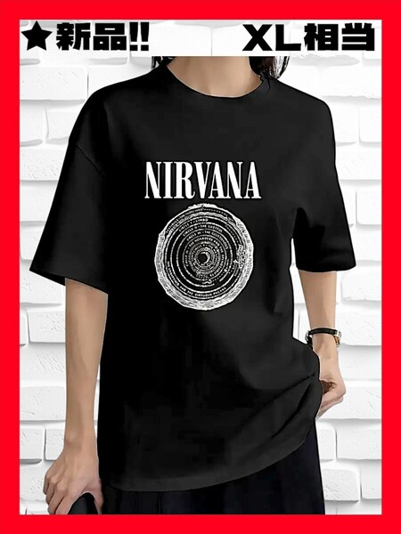 ★新品!◆送料無料!◆大き目XL相当*◆NIRVANA/ニルヴァーナ★定番の人気ロゴ(VESTIBULE)*プリント*半袖Tシャツ*黒*音楽,バンド,ロック.