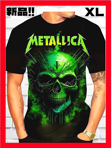 ★新品!◆送料無料!◆大き目XL相当*◆METALLICA/メタリカ*ドクロ,スカルノ柄プリント*半袖Tシャツ*黒&蛍光グリーン*音楽,バンド,ロック