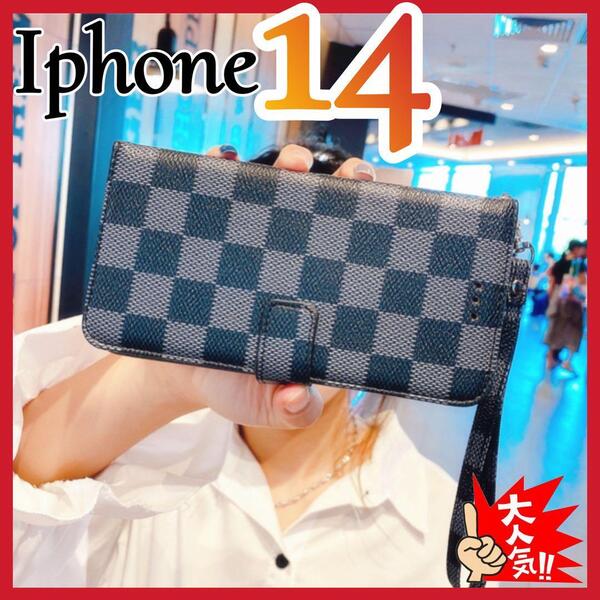 大人気 iPhone14ケース手帳型 黒色 チェック柄 PUレザー 高級感 耐衝撃 アイホン14カバー ブラック カード収納 おしゃれ