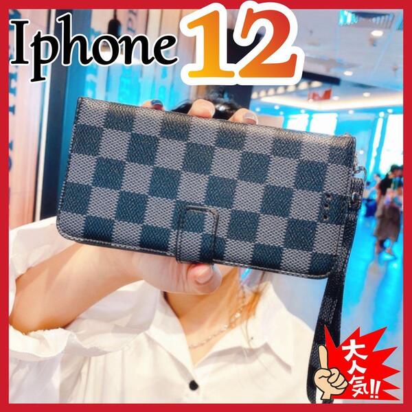 大人気 iPhone12 ケース手帳型 黒色 チェック柄 PUレザー 高級感 耐衝撃 アイホン12カバー ブラック カード収納 おしゃれ