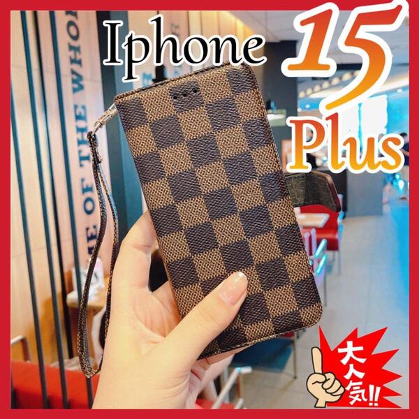 iPhone15Plusケース手帳型 茶色 チェック柄 PUレザー シンプル 高級感 大人気 アイホン15プラスカバー ブラウン 売り上げNo1