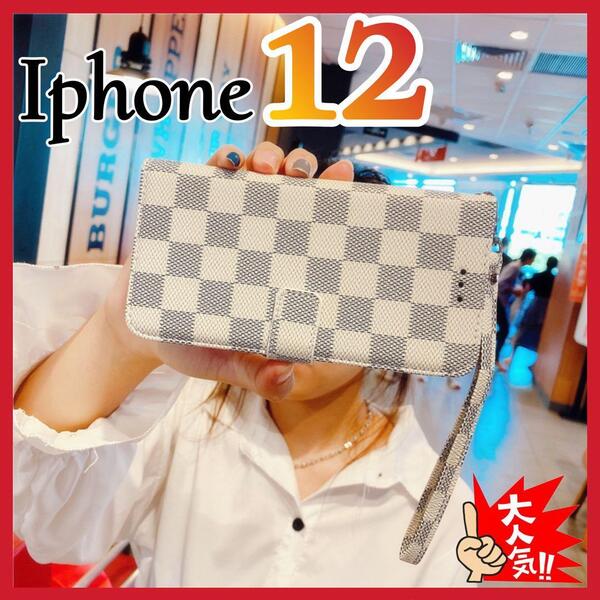 iPhone12ケース 手帳型 白色 チェック柄 PUレザー 高級感 大人気 アイホン12カバー ホワイト スピード発送