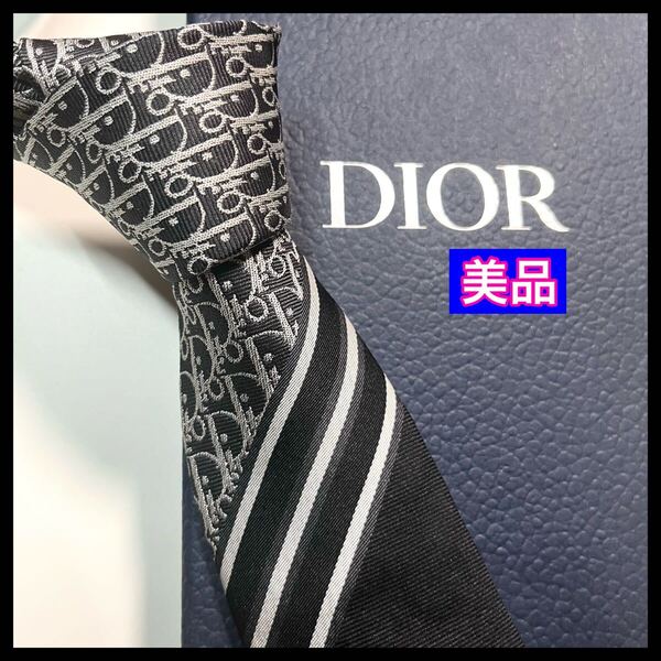 名作 ☆美品☆ DIOR ディオール ネクタイ オブリーク柄 ストライプ 現行 ナロータイ シルク