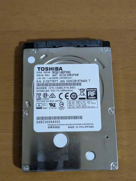 TOSHIBA MQ01ABF050 2.5インチHDD 500GB 正常 使用時間5815H
