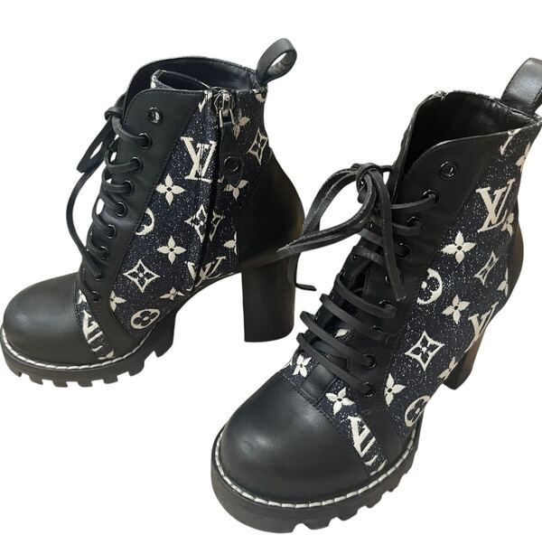 【希少 美品】LOUIS VUITTON ルイ・ヴィトン スタートレイルライン アンクルブーツ カーフレザー サイドジップ デニム レディース 23cm