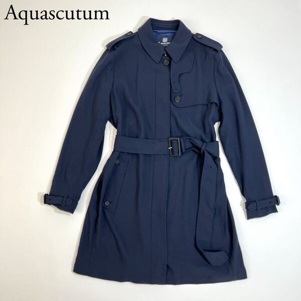 Aquascutum アクアスキュータム ステンカラーコート トレンチコート スプリングコート ネイビー ベルト付き イタリア製 トップス アウター