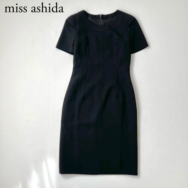 美品 miss ashida ミスアシダ芦田多恵 膝丈ワンピース ブラック ウエストベルト付き リボンフォーマル セレモニー 半袖 7レディース