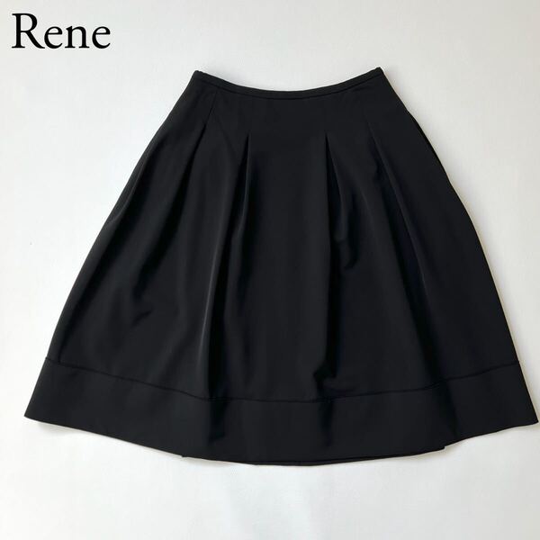 美品 Rene ルネ タックフレアスカート 膝丈スカート 細身さん必見ボトムス ポリエステル ブラック 艶感 32 レディース