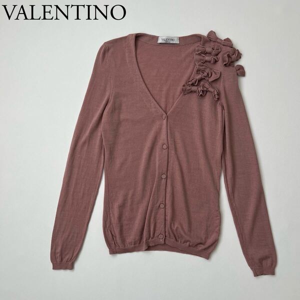良品 VALENTINO ヴァレンティノ ニットカーディガン トップス リボン装飾 シルクカシミヤ 絹 イタリア製 Vネック 長袖 M レディース