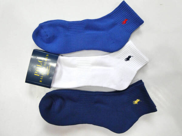 POLO ラルフローレン新品!3足セット マーク刺繍くるぶし丈ソックス 27-29cm白青紺 送料無料RALPHLAUREN靴下パイル