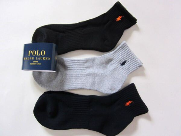 POLO ラルフローレン新品!3足セット マーク刺繍くるぶし丈ソックス 25-27cm黒紺灰OR 送料無料RALPHLAUREN靴下パイル