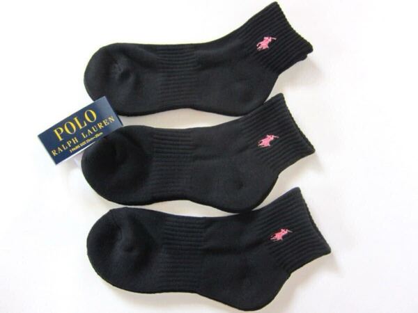 POLO ラルフローレン新品!3足セット マーク刺繍クォーターソックス 23-25cm黒PK 送料無料 RALPHLAUREN靴下
