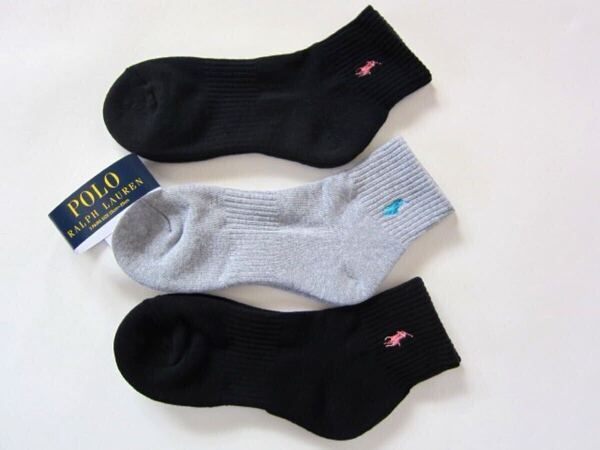 POLO ラルフローレン新品!3足セット マーク刺繍クォーターソックス 23-25cm黒紺灰 送料無料RALPHLAURENパイル 靴下