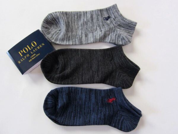 POLO ラルフローレン新品!3足セット マーク刺繍スニーカーソックス 25-27cm黒紺灰 送料無料 スラブ