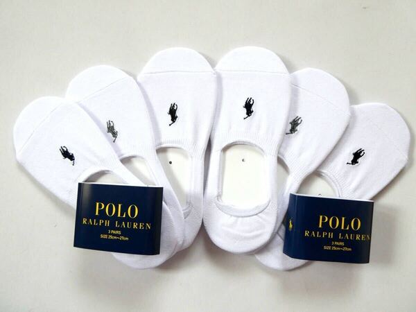 POLO ラルフローレン新品!6足セット マーク刺繍入りベリーショートソックス 25-27cm白 送料無料フットカバー インステップ靴下