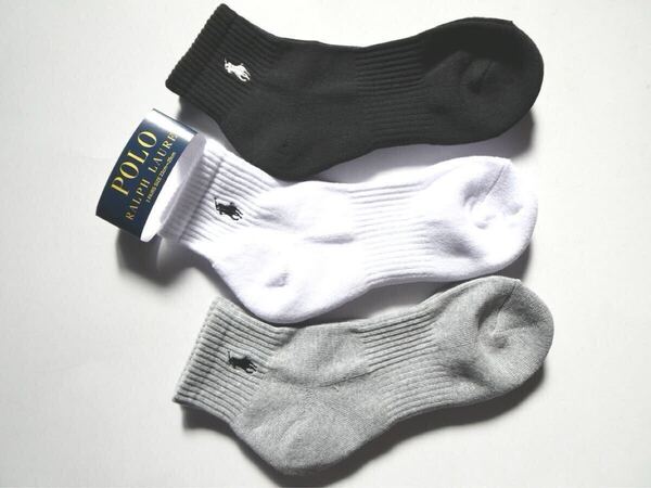 POLO ラルフローレン新品!3足セット マーク刺繍クォーターソックス 23-25cm黒白灰 送料無料 RALPHLAURENパイル靴下