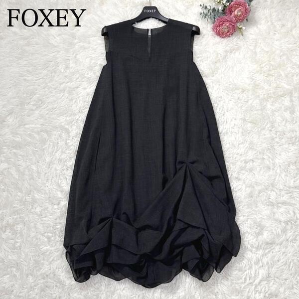 美品フォクシー FOXEY NEW YORK グレーススプラッシュ Grace Splash アシンメトリー サマーウール タックワンピース ドレス 32882