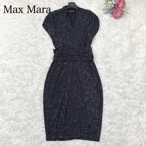 マックスマーラ Max Mara 白タグ 総柄 カシュクールドレープワンピース ストレッチ L