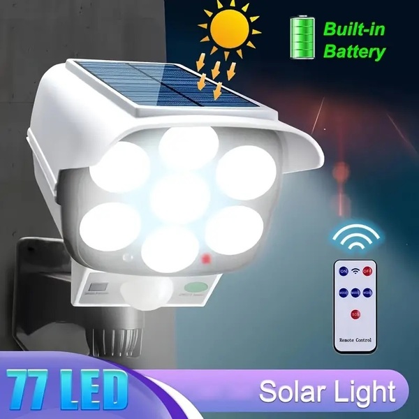 2個セット 77LED 防犯カメラ型 ソーラー センサー ライト リモコン付き 赤LED 点滅 太陽光充電 人感 自動 防犯 ダミーカメラ