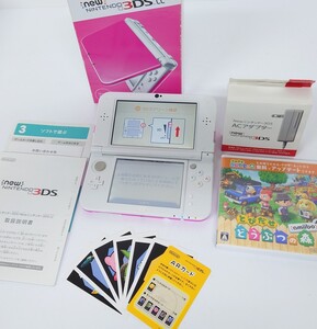 【N485-1】 美品 new NINTENDO 3DS LL 本体 RED-001 ピンク×ホワイト 任天堂 ニンテンドー とびだせ どうぶつの森 amiibo+ 付き 動作OK