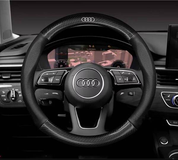 送料無料 アウディ専用 ハンドルカバー ステアリングカバー 円型 本革 カーボン調
