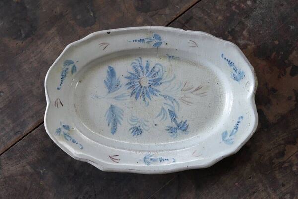 古い枯れた表情のキュノワール 草花絵付けのオーバル皿 / 18-19世紀・フランス / アンティーク 古道具 民陶