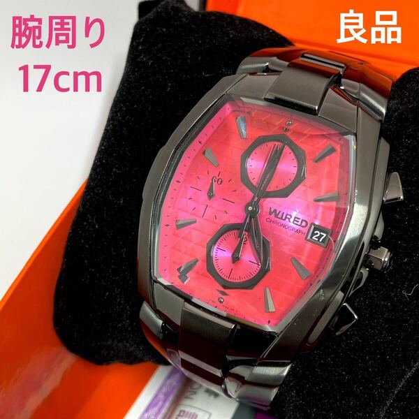 良品☆電池新品☆送込☆セイコー SEIKO ワイアード WIRED クロノグラフ メンズ腕時計 ブラックコンピレーション ピンク 7T92-0HT0 AGAV744