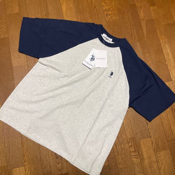 新品・未使用♪U.S. POLO ASSN♪ワンポイント刺繍 ラグラン配色オーバーサイズ半袖Tシャツ ♪Lサイズ♪ネイビー&オートミール♪