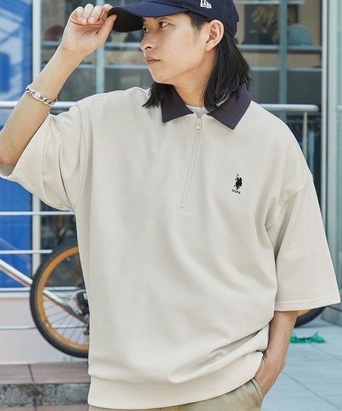 新品・未使用♪U.S. POLO ASSN ワンポイント刺繍 ハーフジップ半袖プルオーバー♪Lサイズ♪アイボリー♪♪