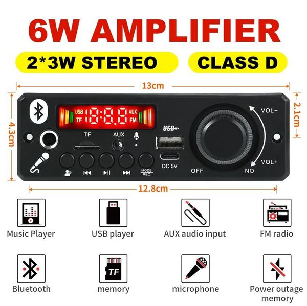 未使用品 DIY MP3 デコーダーボード DC5V 1A 6W アンプ内蔵 Bluetooth 5.0 ブルートゥース 3.5mm tf Aux fm スピーカー f5