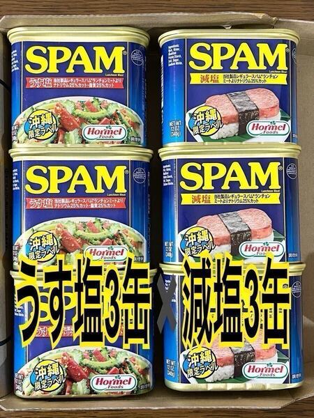 沖縄限定ラベル! スパム ポーク【減塩】3缶 【うす塩】3缶 沖縄ポークランチョンミート