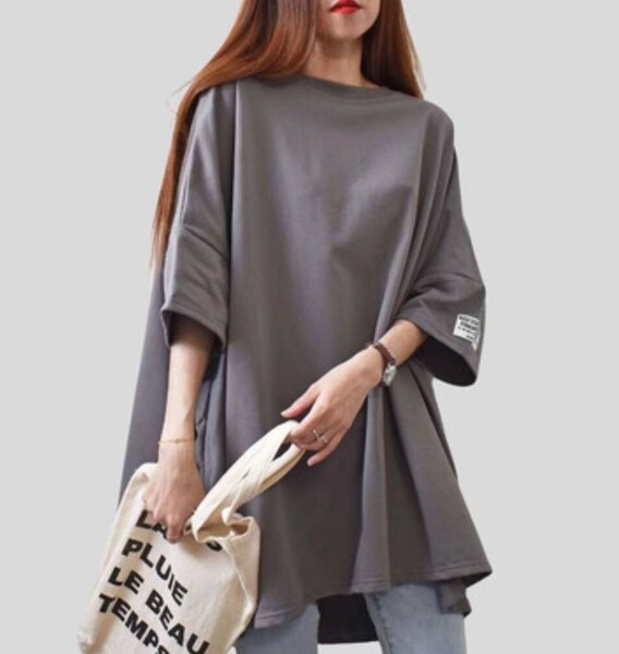 グレー オーバーサイズ ロング丈 半袖 クルーネック Tシャツ ゆったり おしゃれ 無地 シンプル ドロップショルダー
