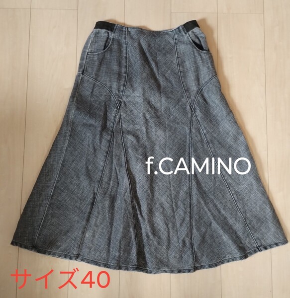 【f.CAMINO】ブラックリネンデニムマーメイドスカート L (40サイズ) 麻100% 黒 フレアスカート ミモレ丈
