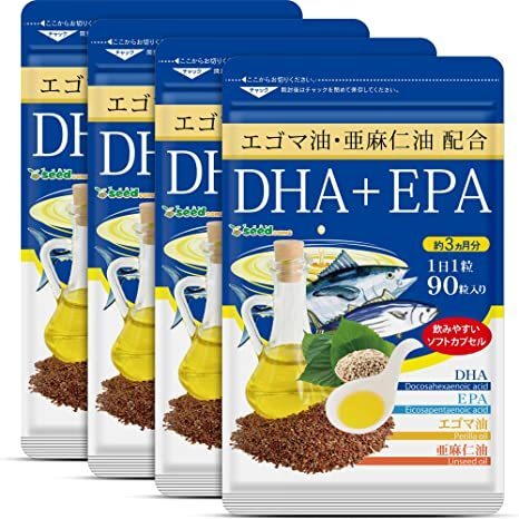 DHA EPA オメガ3 αリノレン酸 エゴマ油 亜麻仁油配合 約12ヶ月(90粒×4袋) シードコムス 送料無